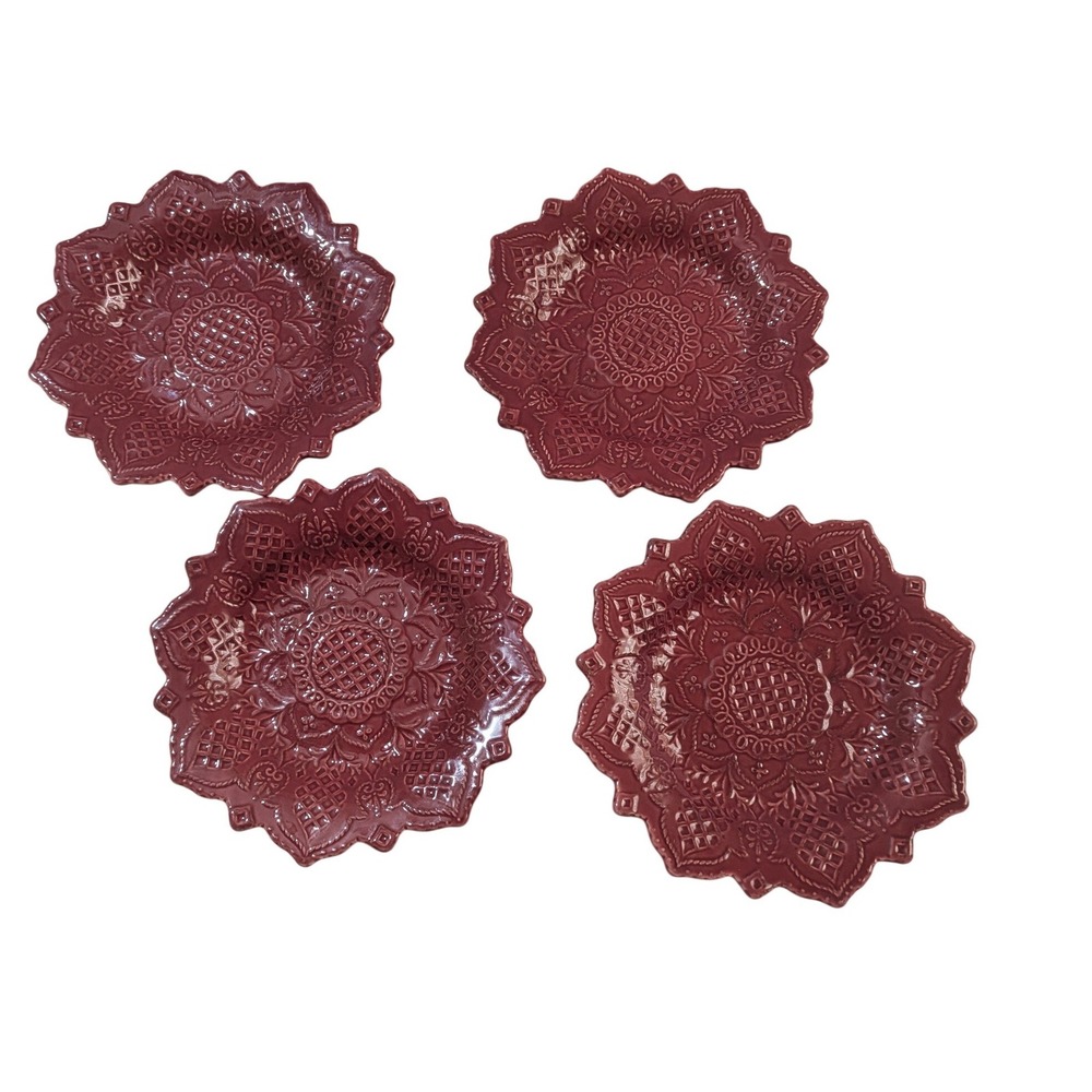 Tabletops Lifestyle Burgundy Red Embossed Ceramic Salad Plates‎ Set of 4 9"